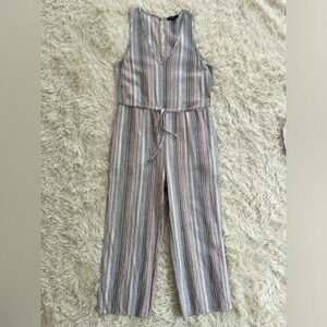 DREW Striped Linen Blend Jumpsuit Brown Tan Sleeveless Drawstring pockets SZ S